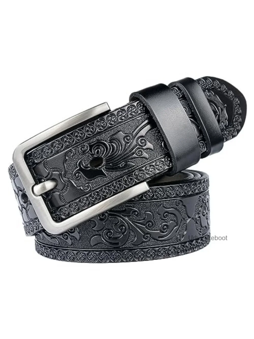 Western Tooled Leather Belt Square Buckle Bull Head Men's